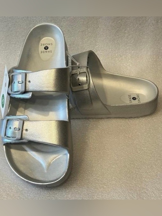 Shade & Shore Shoes - Shade & Shore Silver Double-Strap Buckle Slides Size 8